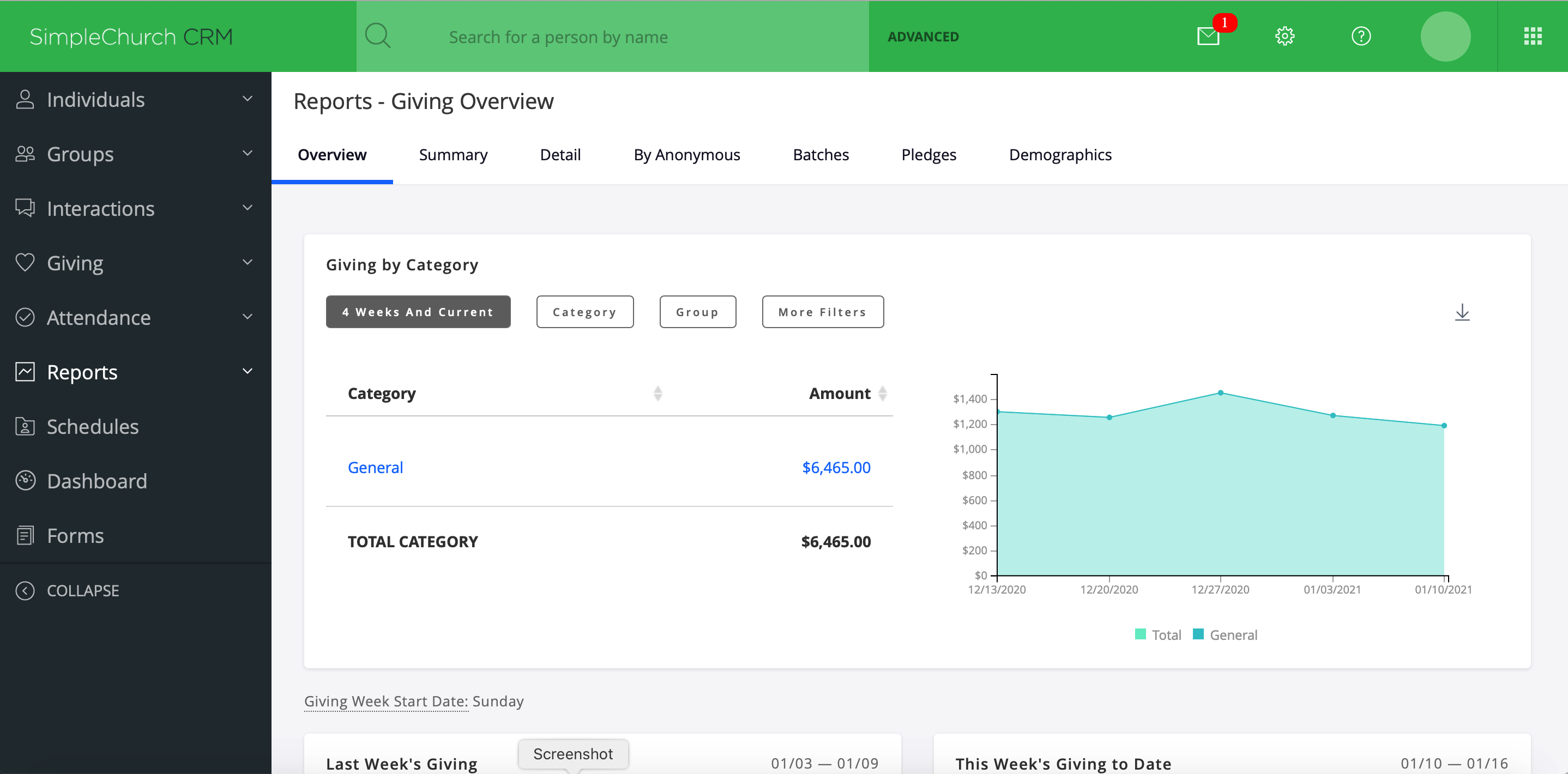 screenshot of SimpleChurch CRM Giving